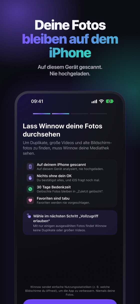 Das verspricht Winnow auf der Berechtigungsseite: Fotos werden auf dem iPhone analysiert und nie hochgeladen