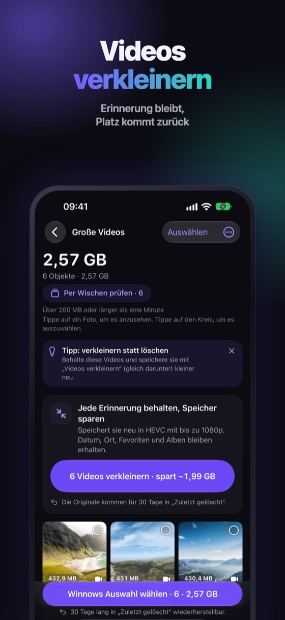 Große Videos nach Größe sortiert, mit Option zum Verkleinern