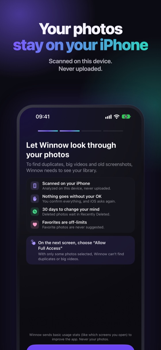 What Winnow promises on the permission page: photos analyzed on the iPhone and never uploaded