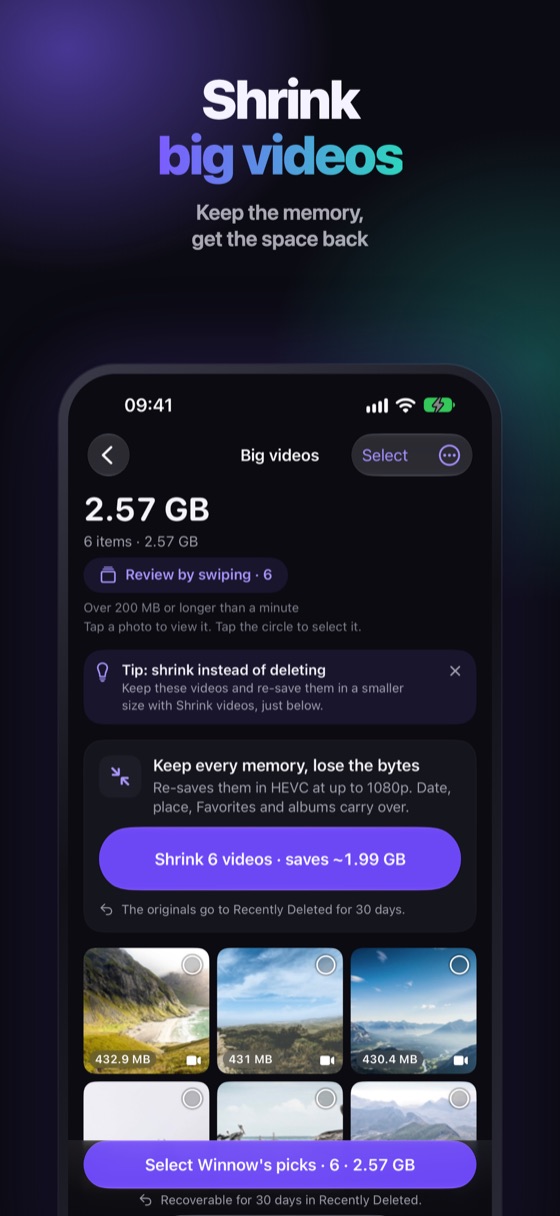 Big videos listed by size, with an option to shrink
