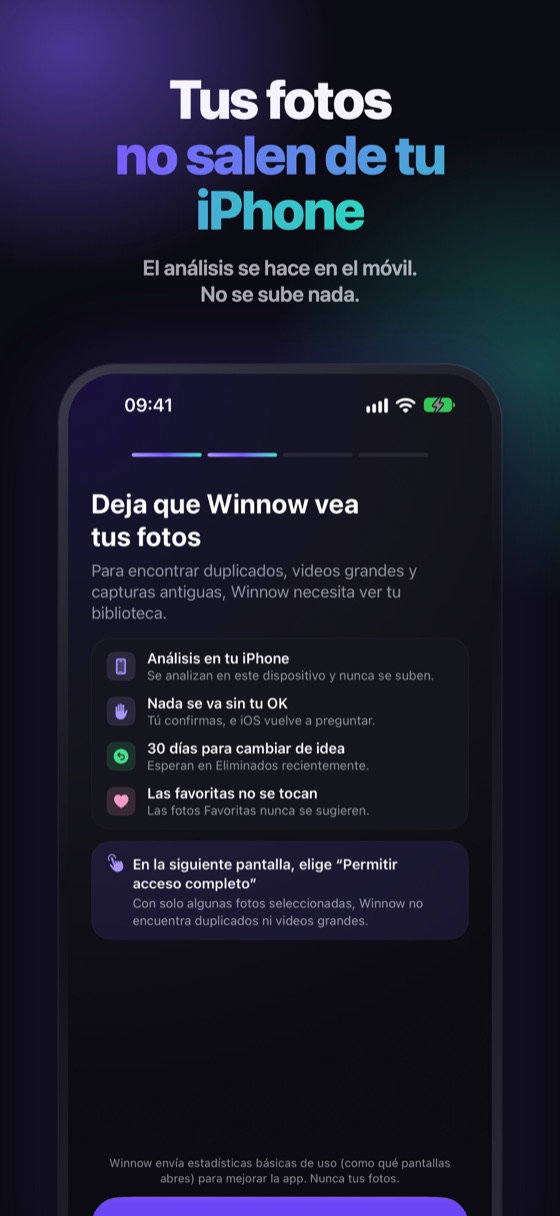 Lo que promete Winnow en la pantalla de permisos: fotos analizadas en el iPhone y nunca subidas