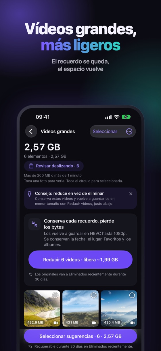 Videos grandes ordenados por tamaño, con opción de reducirlos