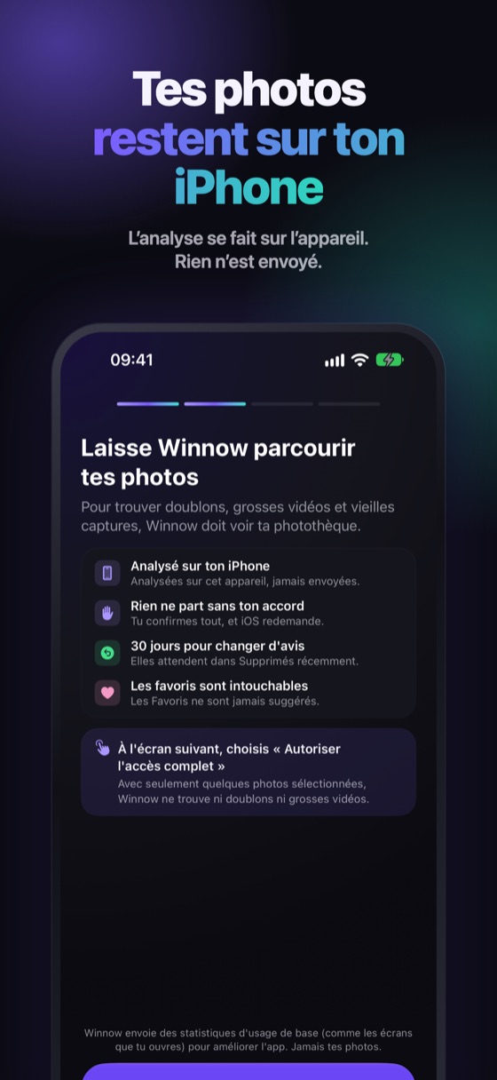 Ce que Winnow promet sur la page d'autorisation : photos analysées sur l'iPhone et jamais envoyées