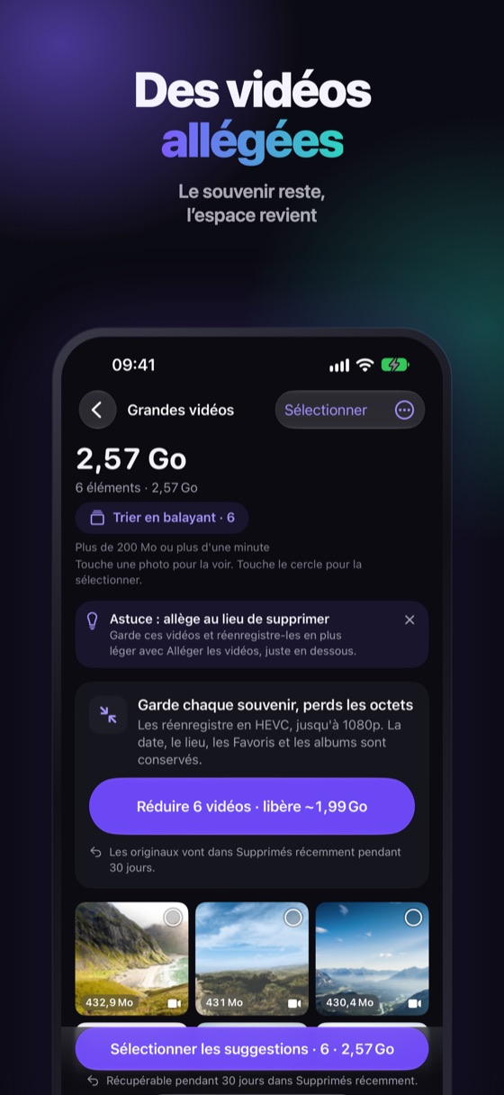 Grosses vidéos classées par taille, avec une option pour les réduire
