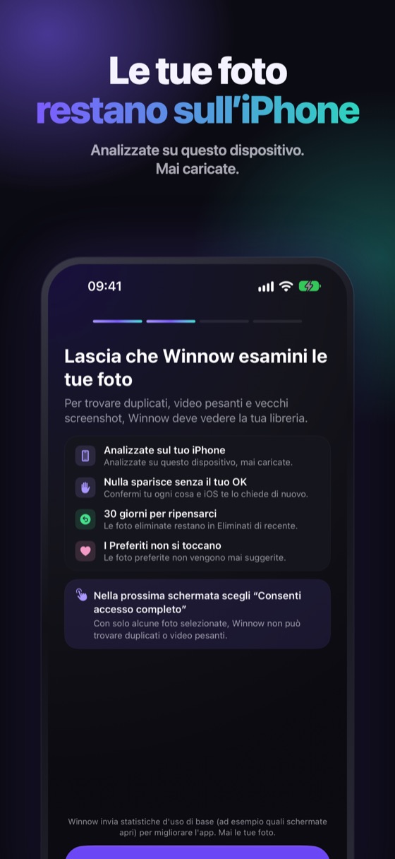 Cosa promette Winnow nella pagina dei permessi: foto analizzate sull'iPhone e mai caricate