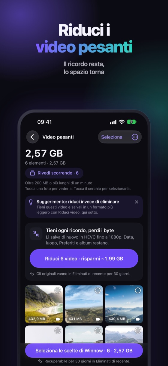 Video pesanti elencati per dimensione, con l'opzione per ridurli