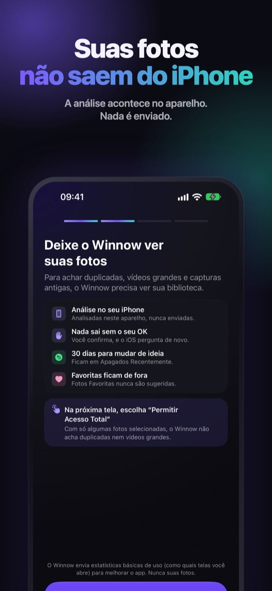 O que o Winnow promete na página de permissão: fotos analisadas no iPhone e nunca enviadas