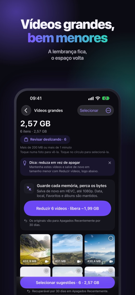 Vídeos pesados listados por tamanho, com opção de reduzir