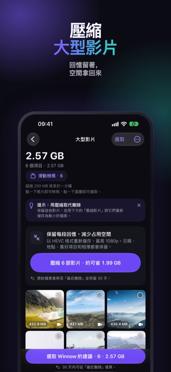 依大小列出的大型影片,並提供縮小選項