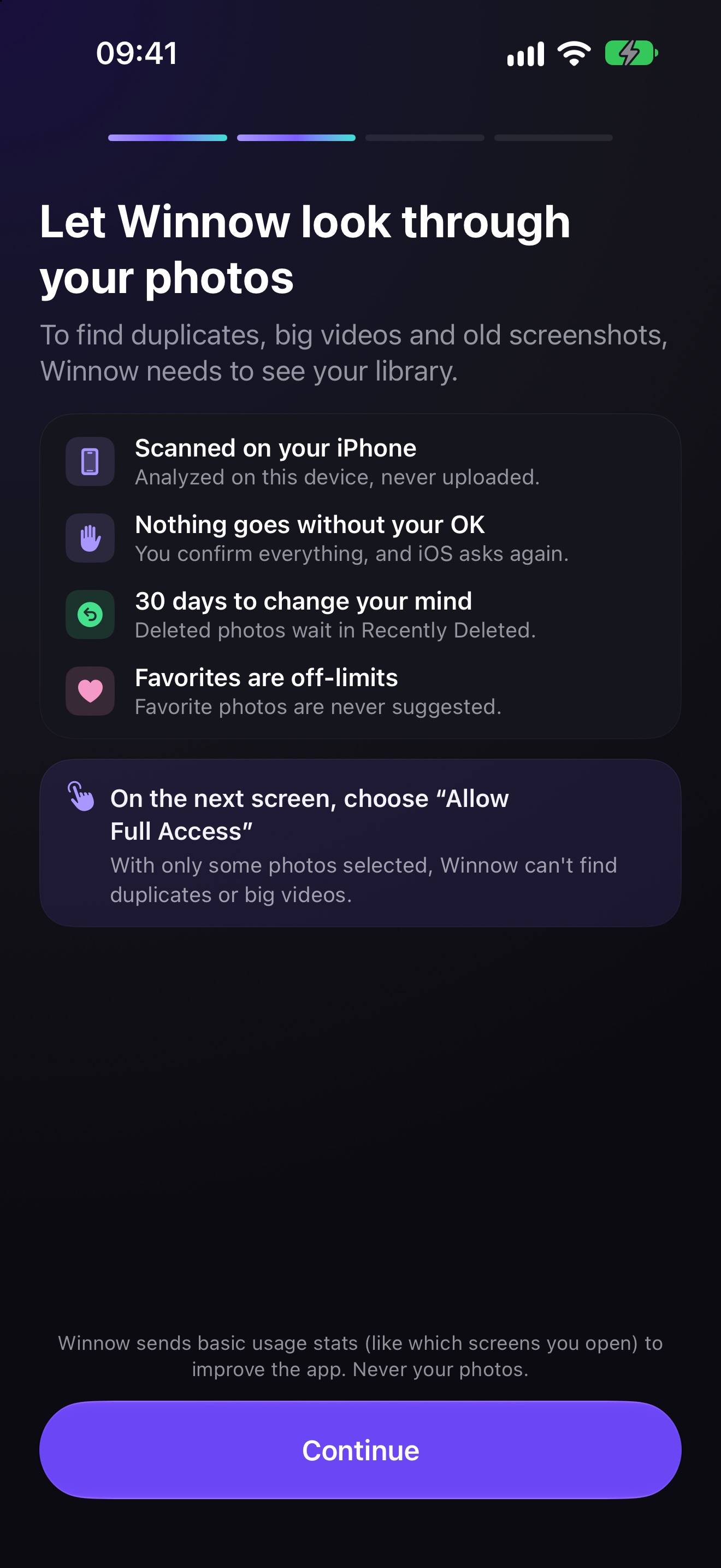 Winnow explicando que as fotos são analisadas no iPhone e nunca enviadas