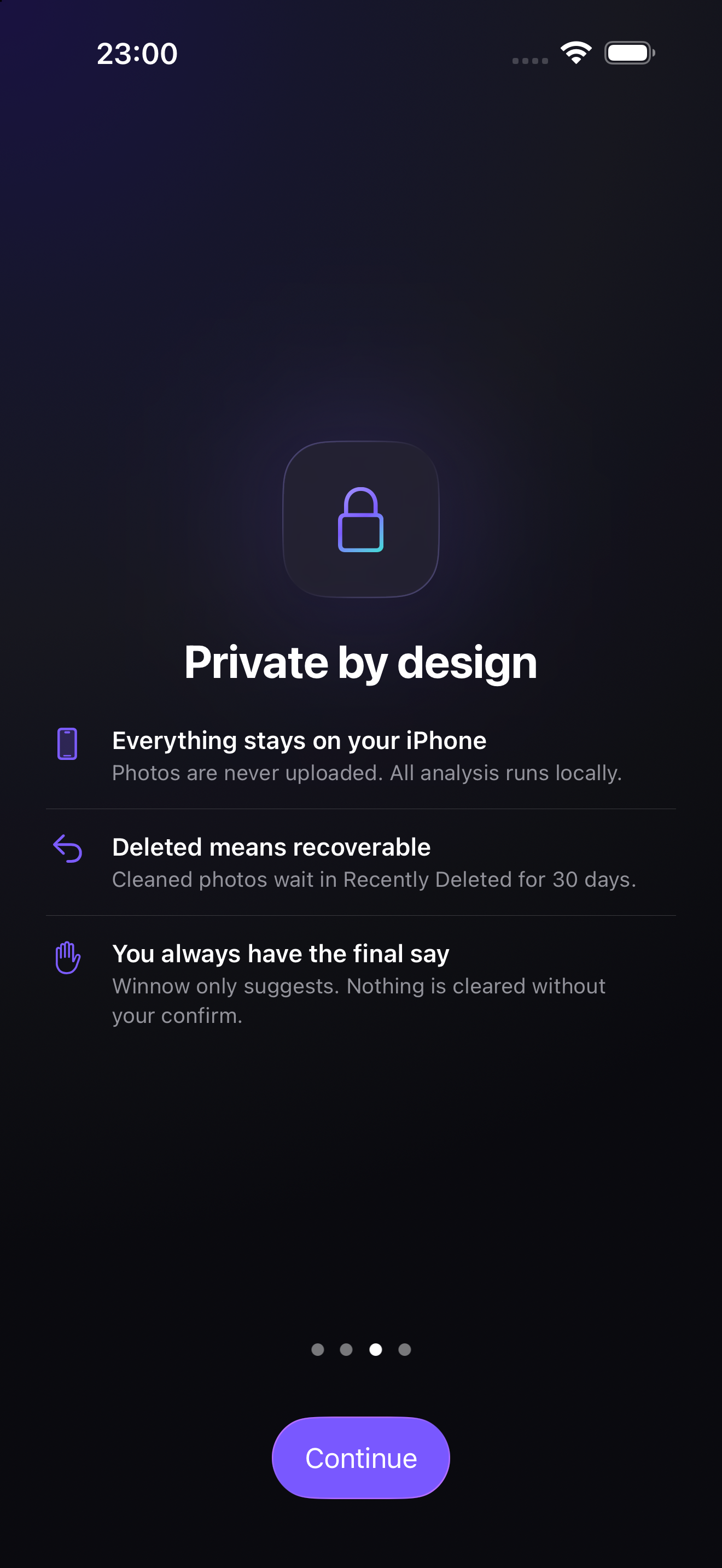 Winnow privacy screen — all analysis runs on-device