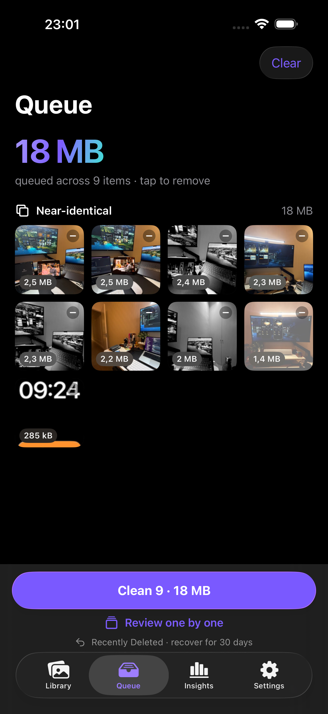 Winnow cleanup queue showing duplicate photos with a clear reason